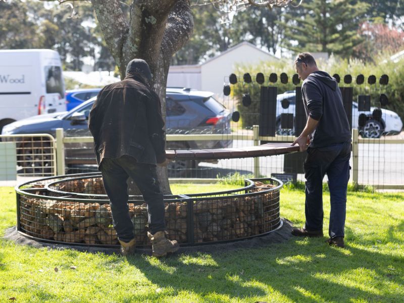 Gabion seating being installed by community members